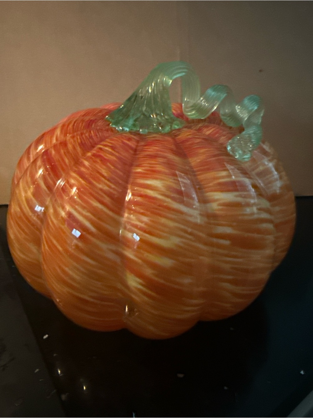 Hand-Blown Orange Glass Pumpkin with Green Stem - Picture 1 of 5